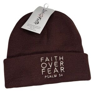 Women’s inspirational brown beanie, “Faith Over Fear” Psalm 34